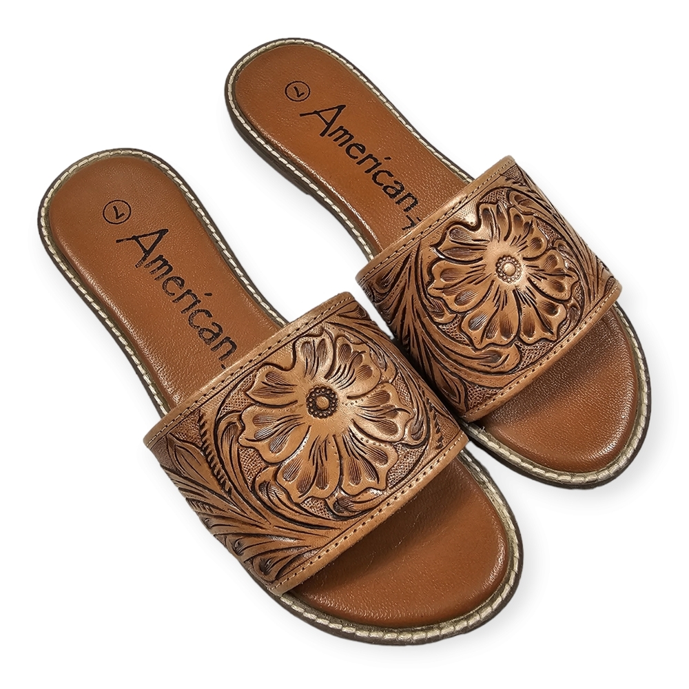 American Darling Tan Floral Tooled Faux Leather Slide on Sandals Women's Size 7